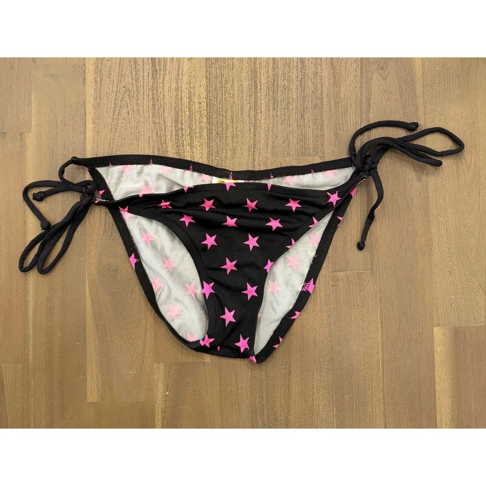 Fresh Peaches Bikini Bottoms Small Black Pink Star Print Side Tie Ruched Back